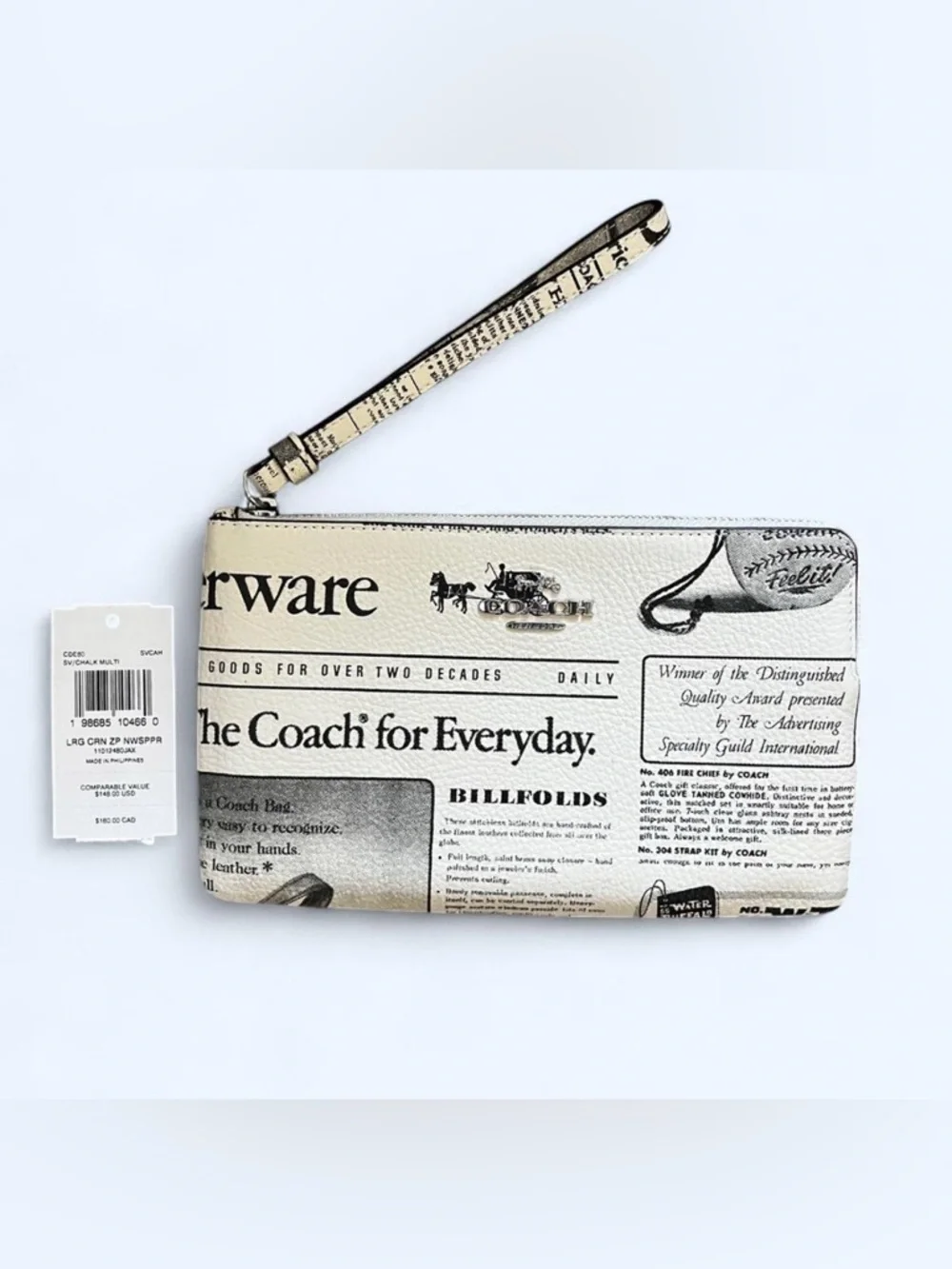 Coach Large Corner Zip Wristlet With Newspaper Print - Cream & Black - Picture 1 of 2